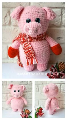 crocheted pink teddy bear with red scarf and pineconi sprigs