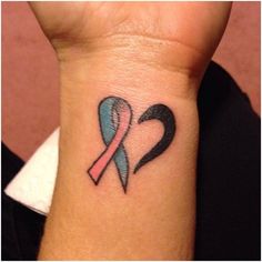 a wrist tattoo with a pink and blue ribbon on it