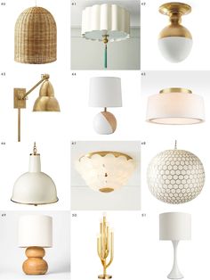 an assortment of lighting fixtures including lamps, chandeliers and lamps with white shades