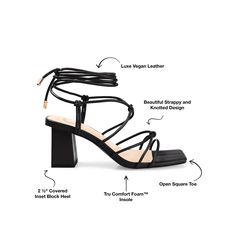 A leg-lengthening strappy heel with comfort details. • Open Toe • Tie-Up • 4 mm Tru Comfort Foam™ Footbed • 2 1/2 -in Block Heel • Vegan Leather Uppers All measurements are approximate and were taken using a size 6. Please note measurements may vary slightly by size. Strappy Heels, Block Heels, Open Toe, Vegan Leather, Night Out, Leather Upper, Faux Leather, Size 6, Heels