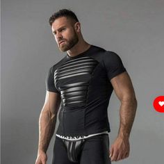 Maskulo T-Shirt Armored Spandex With Front Pads Tp11-90-Large. Top -Leather-Look Spandex Chest Pads -Material: 9% Polyester, 10% Elastane -Colors: Black Skinny Fit - Slimmer Through The Body, Properly Contours The Body Jungle Juice, Scruffy Men, Gay Fashion, Mens Gear, Mens Workout Clothes, Black Skinnies, Sport Fashion, Male Models, Black Men