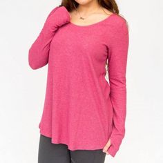 Everyday Tee With Thumbhole Material Is Like A Buttery Thermal/Ribbed Material Midnight Pink Long Sleeve Tops With Thumbholes, Pink Everyday Tops For Fall, Pink Workout Tops With Thumbholes, Heather Stretch Tops For Fall, Casual Pink Tops With Thumbholes, Heather Crew Neck Tops For Layering, Casual Loungewear Tops With Thumbholes, Casual Tops With Thumbholes For Loungewear, Heather Long Sleeve Tops For Loungewear