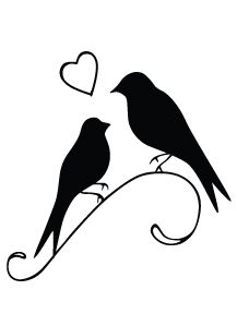 two birds sitting on a branch with hearts