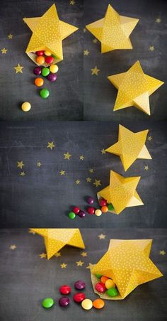 candy stars and candies on a chalkboard with text overlay that says how to make paper stars