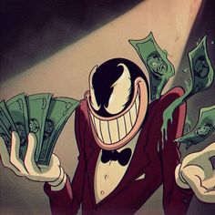 a cartoon character holding money in his hands and wearing a red suit with white teeth