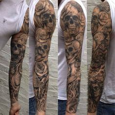 three different views of a man's arm with skulls and roses on it, both sleeve