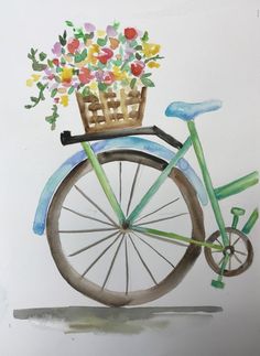 a watercolor painting of a bicycle with flowers in the basket on it's front wheel