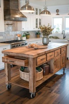 a kitchen island with two baskets on it