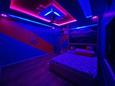 a bed room with a neatly made bed and purple lighting