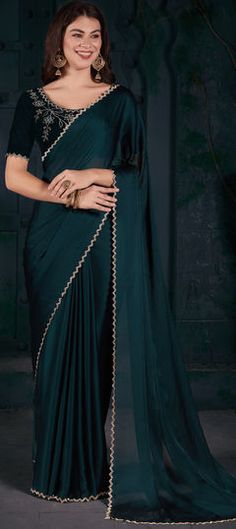 Blue color Saree in Chiffon fabric with Zircon work Teal Blue Blouse, Blue Color Saree, Embellished Saree, Reception Saree, Blue Silk Saree, Teal Green Color, Fancy Sarees Party Wear, Velvet Blouse, Scalloped Border