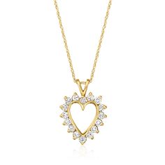 Ross-Simons - C. 1980 Vintage .55ct t. w. Diamond Heart Pendant Necklace in 10kt Yellow Gold. 18". C. 1980. A classic look you'll love, this Estate collection heart necklace features a chic open-space pendant bordered by .55 ct. t. w. round brilliant-cut diamonds. Finely crafted in polished 10kt yellow gold and suspended from a 14kt yellow gold rope chain. Springring clasp, diamond heart pendant necklace. Exclusive, one-of-a-kind Estate Jewelry. Diamond birthstones are the perfect gift for April 14k Gold Heart Pendant Diamond Necklace For Anniversary, Classic Diamond Cut Necklace For Valentine's Day, Classic Round Diamond Necklace For Valentine's Day, Classic Diamond Cut Open Heart Necklace, Valentine's Day Classic Round Diamond Necklace, Classic Brilliant Cut Necklace For Valentine's Day, Classic Diamond Cut Heart Necklace For Valentine's Day, Anniversary Necklaces With 17 Jewels For Valentine's Day, Classic Valentine's Day Diamond Cut Necklace