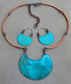 Unique Turquoise Copper Necklaces, Unique Turquoise Copper Necklace, Turquoise Bohemian Metal Necklace, Artistic Blue Jewelry For Festivals, Turquoise Metal Necklace For Festivals, Bohemian Turquoise Necklace With Unique Variations, Unique Turquoise Necklace With Patina, Green Bohemian Hand Forged Necklace, Unique Blue Necklace With Patina