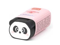 a pink and black eraser with a panda face on it's back side