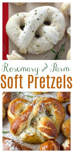 the cover of rosemary and farm soft pretzels is shown in three different pictures