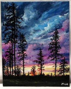 an acrylic painting of trees and clouds at sunset