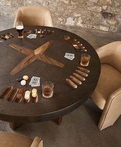 a round table topped with lots of different items