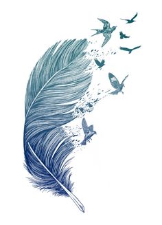 a blue feather with birds flying around it