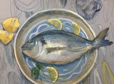 a painting of a fish on a plate with lemons