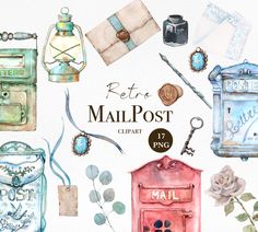 watercolor mailbox clipart set with roses and other items to use for postcards