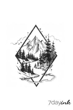 a drawing of mountains and trees with the words 7 days above it in black ink