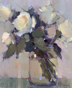 a painting of white roses in a vase