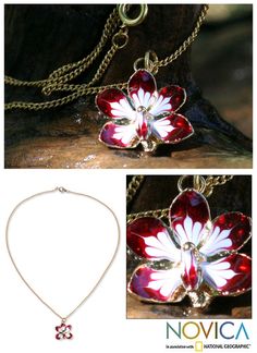 Danai treasures the timeless beauty of an Ascocentrum orchid in the original design of this necklace. The gold-plated flower is painted by hand with enamels accentuating its natural grace and beauty. The pendant centers a 24k gold plated brass chain. Please note shape and size of the natural leaves may differ. Orchid Necklace, Red Orchids, Beautiful Orchids, Leaf Nature, Fabulous Jewelry, Orchid Flower, Leaf Necklace, Leaf Pendant, Exotic Flowers