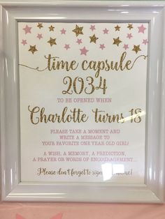 a white frame with pink and gold stars on the bottom that says time capsulee