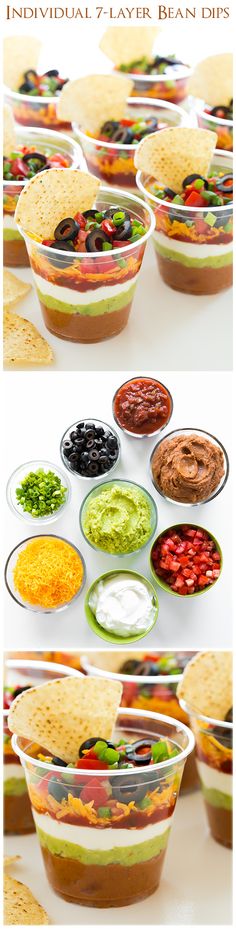 several bowls filled with different types of dips and sauces on top of each other