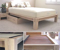 the bed frame is made out of wood and has drawers underneath it for extra storage