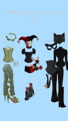 several different types of women's clothes and shoes on a blue background with the words halloween city girl too