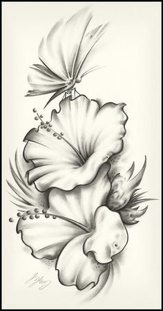 a black and white drawing of a flower with a butterfly on it's wing