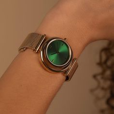 ECLIPSE Emerald Watch in Yellow Gold | VANNA Emerald Watch, Crystal Water, Mesh Bracelet, Moon Shapes, The Gold, Minerals Crystals, Half Moon, Emerald Green, Turquoise Bracelet