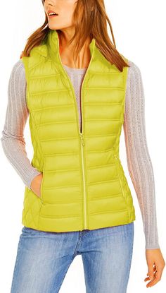 Michael Michael Kors Women's Limeade Bright Yellow Down Puffer Vest Outerwear1 Sleeveless Puffer, Outerwear Vest, All Black Outfit, Black Faux Fur, Puffer Vest, Polished Look, Bright Yellow, Black Outfit, Vest Jacket