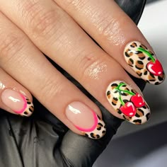 Cherry Leopard Nails, Cheetah Cherry 8 Ball Nails, Cheetah Cherry Nails, Cherry Lepord Nails, Leopard Print Nails With Cherry, Rockabilly Nails, Cherry Fruit, Happy Nails