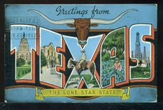 an old postcard with the word texas written in it's letters and images