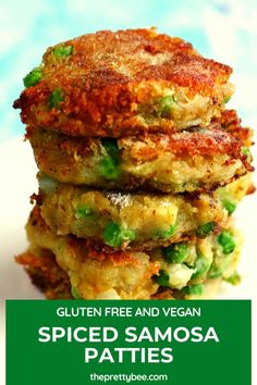 some food is stacked on top of each other with the words, gluten free and vegan spiced samosa patties