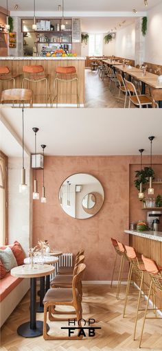 two pictures of the inside of a restaurant with tables, chairs and bar stools