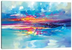 an abstract painting with blue, pink and yellow colors on the water's surface