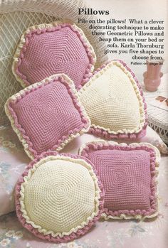 crocheted pillows are shown on the cover of an article in knitting magazine,