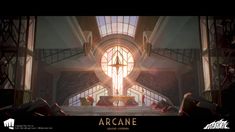 the title screen for arcane's upcoming video game, with an image of people sitting