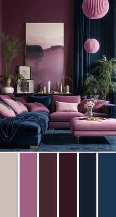 a living room filled with purple and blue color scheme for the walls, furniture and decor