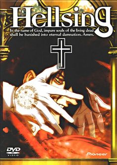 the cover to hellsing, an animated video game with hands holding a clock in front of it