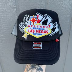 Custom Vegas Theme Black Fun Snapback Hat With Curved Brim, Fun Black Adjustable Snapback Hat, Black Casual Mini Hat With Flat Brim, Casual Black Mini Hats With Flat Brim, Casual Black Mini Hat With Curved Brim, Casual Black Mini Hat With Flat Brim, Novelty Black Snapback Hat One Size, Black Trucker Hat With Letter Print For Beach, Black Novelty Snapback Hat