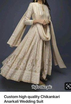 Chicken Work Gown Design, Chicken Gown Design, Walima Ideas, Mukesh Work, Indowestern Gowns, Chikankari Anarkali, Chicken Dress, Chikankari Lehenga