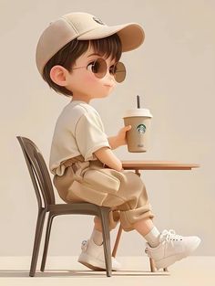 a little boy sitting at a table with a cup of coffee