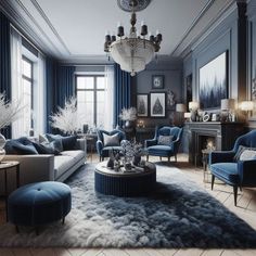 a living room filled with furniture and a chandelier