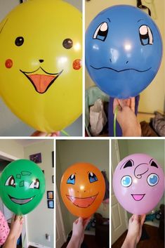 four different balloons with faces painted on them