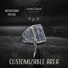 Customizable Initials Sterling Silver Men's Ring, Personalized Monogram Signet Ring With Black Micro Stones, Jewelry Gift for Him - Etsy Black Sterling Silver Signet Ring With Engraving Option, Black Sterling Silver Jewelry With Engraving Option, Silver Heirloom Initial Ring Personalized, Personalized Silver Signet Ring With Initials, Heirloom Initial Sterling Silver Ring, Heirloom Sterling Silver Initial Ring, Customizable Adjustable Silver Initial Ring, Black Engraved Initial Ring For Anniversary, Custom Black Jewelry For Anniversary