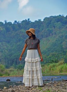 "Boho Maxi Full Circle Wedding Skirt Tiered full circle long skirt made from unbleached and undyed raw cotton in off-white color. Sizing: Made in one size to fit S to L / US: 4/6/8/10/12 Measurement; Elastic waist 24-40\" Hip max 50\" Length 41\" Bottom hem circumference 100\" **Model is a size US 6. 33\" bust, 36\" hip. 165 cm tall** Description: Stunningly beautiful maxi full circle skirt made from raw cotton material. Lined with the same fabric to knee level (not see-through). Full elastic wa Long Ruffle Skirt, Long White Skirt, Long Cotton Skirt, Maxi Skirt White, Bohemian Maxi Skirt, Pixie Outfit, Skirt Tiered, Boho Maxi Skirt, White Long Skirt