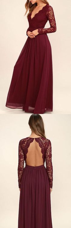 Prom Dress Long Sleeve, Maroon Prom Dress, Long Sleeve Prom Dress, Sleeve Prom Dress, Long Sleeve Bridesmaid Dress, Simple Bridesmaid Dresses, Prom Dress Long, Prom Dresses Long Lace, Backless Evening Dress